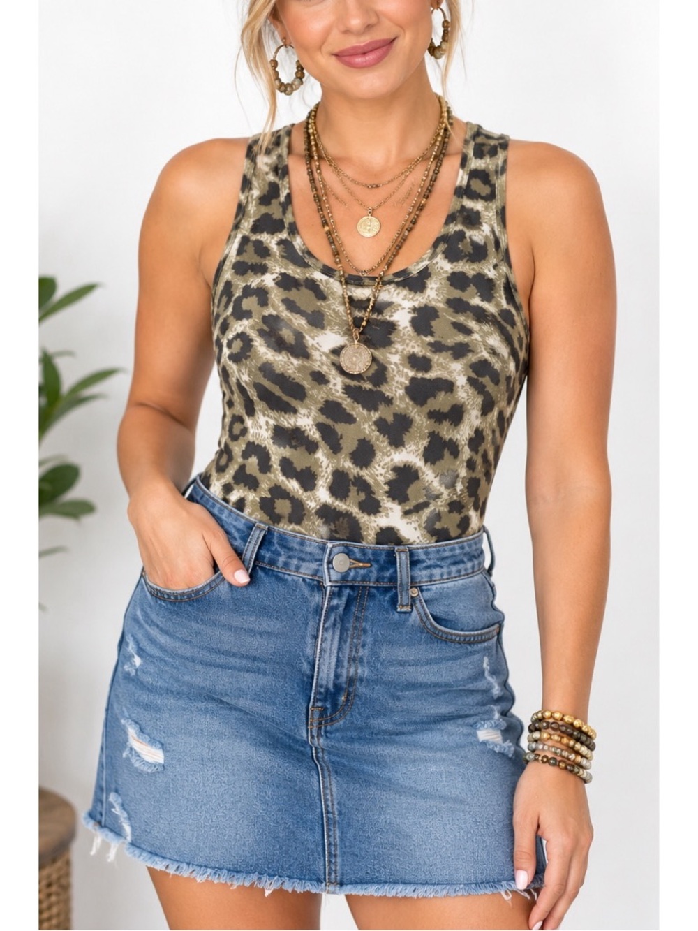 Zenana Bodysuit Racerback Tank Leopard Snap Bottom